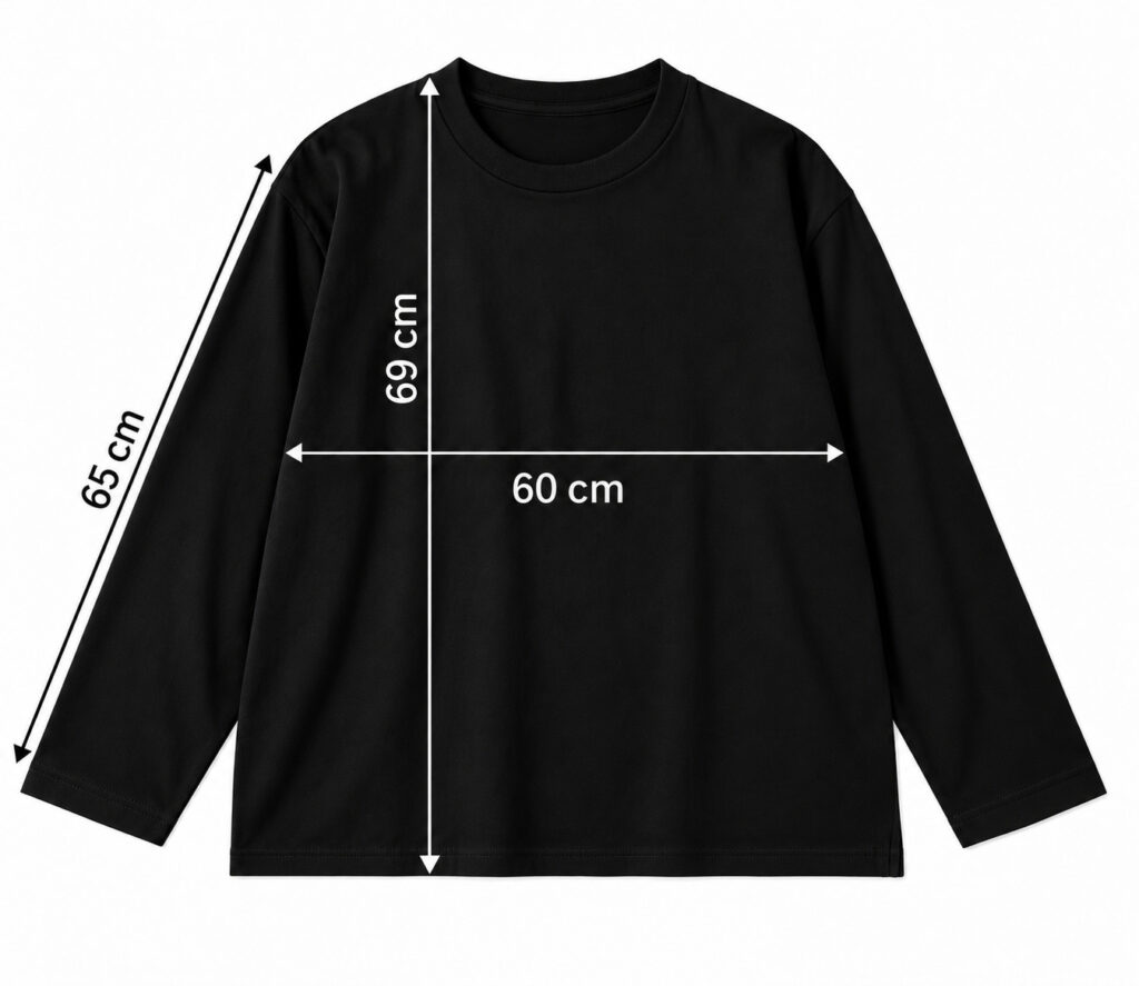 ロングTシャツのサイズ（着丈69cm・身幅60cm・袖丈65cm）